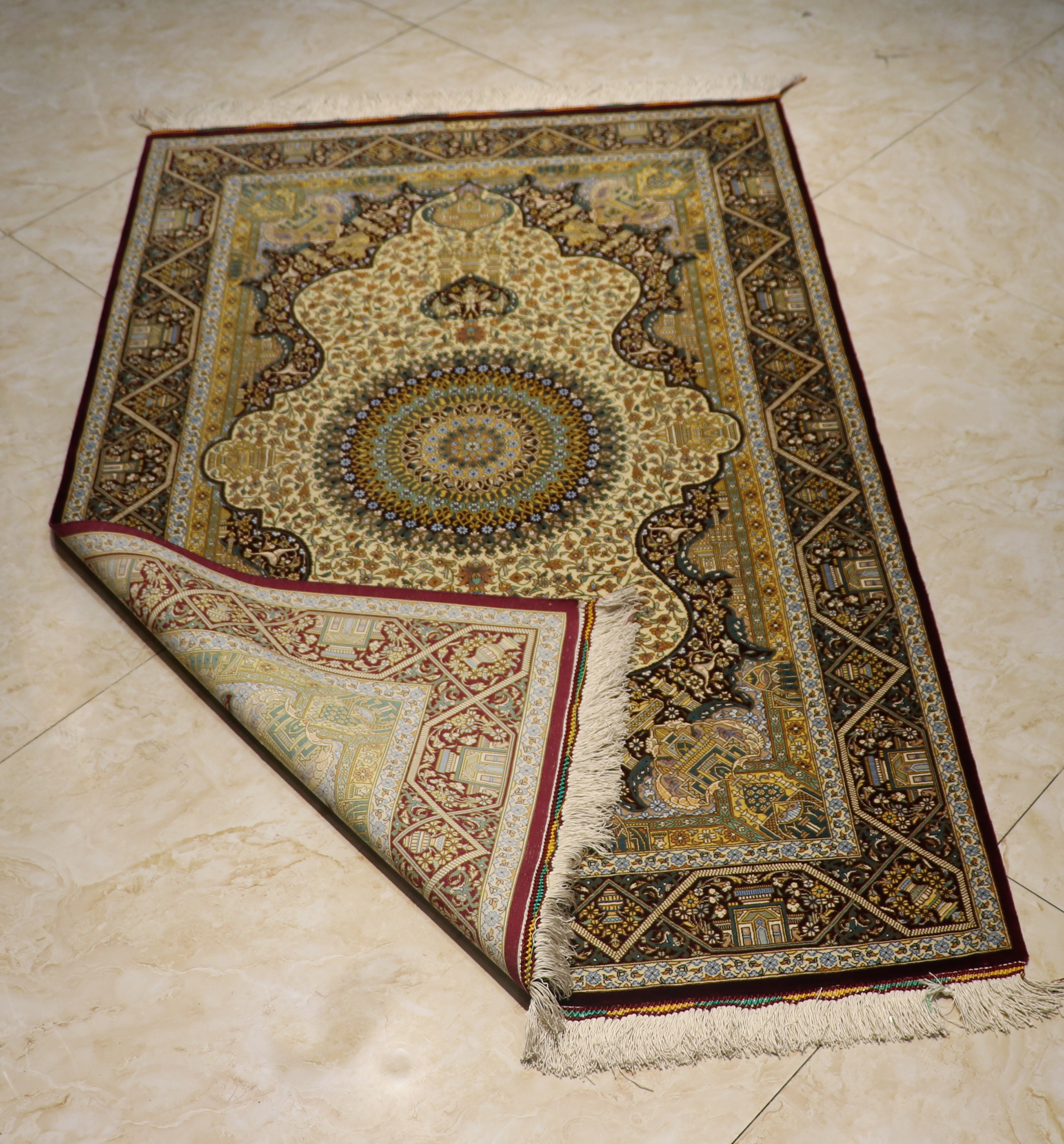 Iranian Rugs, Complete Silk Carpet Lachak Toranj, 154*100 cm, Cream
